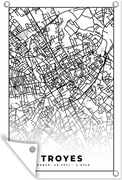 Muurdecoratie Stadskaart - Plattegrond - Troyes - Kaart - Frankrijk - Zwart wit - 120x180 cm - Tuinposter - Tuindoek