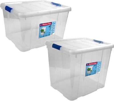 2x Opbergboxen/opbergdozen met deksel 25 en 35 ltr kunststof transparant/blauw - 42 x 35 x 25 en 42 x 35 x 35 cm - Opbergbakken