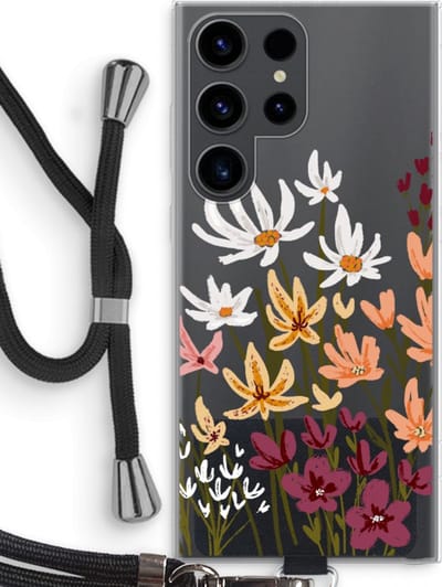 Case Company® - Hoesje met koord geschikt voor Samsung Galaxy S23 Ultra hoesje met Koord - Painted wildflowers - Telefoonhoesje met Zwart Koord - Bescherming aan alle Kanten en Over de Schermrand