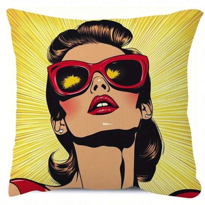 Pop Art Vrouw Kussenhoes Retro Meisje met Zonnebril Kussensloop Gele Achtergrond Decoratief Sierkussen voor Bank Woonkamer 50x50cm