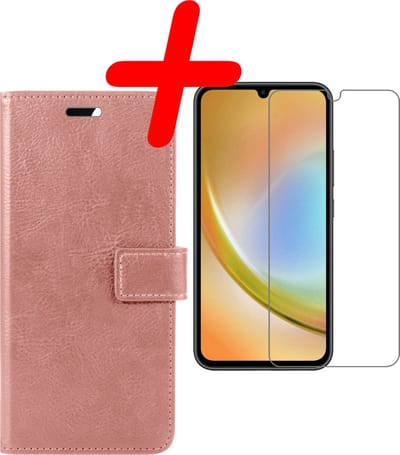 Hoesje Met Screenprotector - Geschikt voor Samsung Galaxy A34 - Luxe Pasjeshouder - Bookcase Portemonee - Flip Case - Kunstleer Book Case - Flipcase - Book Cover - Walletcase - Portemonneehoes - Rosé goud