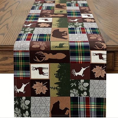 1 pièce chemin de table vintage style campagne chasse érable pin ours cerf pour table de cuisine salle à manger, intérieur extérieur maison, décoration de maison 150x33cm