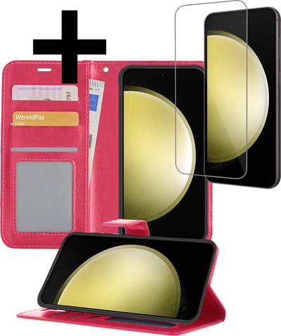 Hoesje - Met Screenprotector - Geschikt voor Samsung Galaxy S23 FE - Luxe Pasjeshouder - Bookcase Portemonee - Flip Case - Kunstleer Book Case - Flipcase - Book Cover - Walletcase - Portemonneehoes - Telefoonhoesjes - Donkerroze