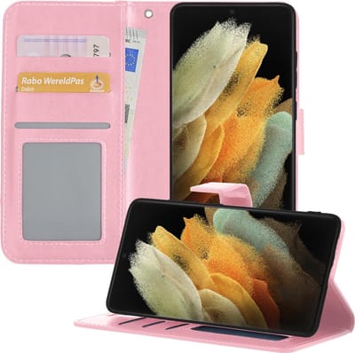 Hoesje - Met Pasjeshouder - Geschikt voor Samsung Galaxy S21 Ultra - Luxe Bookcase Portemonee - Flip Case - Kunstleer Book Case - Flipcase - Book Cover - Walletcase - Portemonneehoes - Telefoonhoesjes - Lichtroze