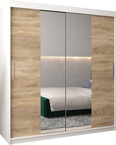 InspireMe - Kledingkast met 2 schuifdeuren, Modern-stijl, Kledingkast met planken (BxHxD): 180x200x62 - TORM I 180 Wit Mat + Sonoma Eik