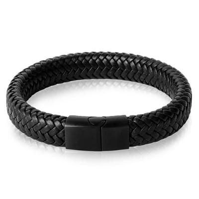 Victorious Zwart Gevlochten Leer Titanium Sluiting Leather Collections – Mannenarmband – 19cm