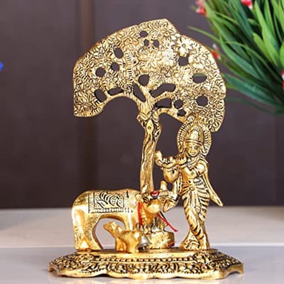 Elegante Kamdhenu Koe met Staande Krishna Beeld voor Pooja en Decoratie - Religieuze Cadeauartikel