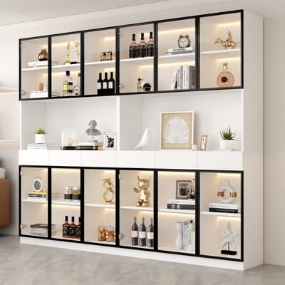 REDOM - Vitrinekast met LED-verlichting - Glazen deuren en centrale werkruimte - Verstelbare planken en laden - Moderne stijl - Woonkamer - Spaanplaat - Wit - 30 x 240 x 200 cm