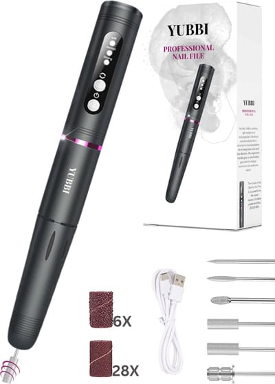 YUBBI® Elektrische Nagelvijl - Nagelfrees - 6 Opzetstukken - Draadloos - Eelt Verwijderaar - Manicure Apparaat - Pedicure Set - Metallic Zwart