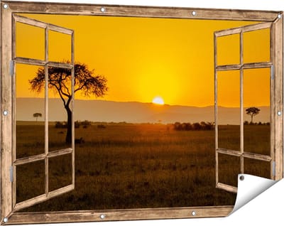 Gards Tuinposter Doorkijk Zonsopgang in de Savanne met een Boom - 120x80 cm - Tuindoek - Tuindecoratie - Wanddecoratie buiten - Tuinschilderij
