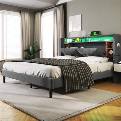 Polsterbed Dubbelbed 160x200cm - Opbergkopboard, USB & LED-verlichting, houten lattenbodem (zonder matras)