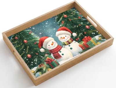 Dienblad hout 50x35 cm - Schootdienblad - Sneeuwpop - Kerstsneeuw - Groen - Rood - Borrelplank rechthoek - Plateau dienbladen