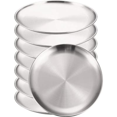 8 Stuks Roestvrij Staal Ronde Gouden Ondiepe Dienblad Bord Roestvrij 14/17/20/23/26cm Camping Bord BBQ Picknick Gerechten Kookgerei