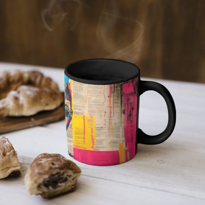 Magische Mok - Foto op Warmte Mokken - Koffiemok - Vrouwengezicht - Krantenpapier - Abstract - Roze - Magic Mok - Beker - 350 ML - Theemok