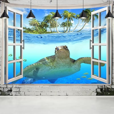 Zeeschildpad Raam Landschap Wandkleed Wanddecoratie Bohemien Psychedelisch Mysterie Imitatie Raam Huis Kunst Decoratie 95x70cm white