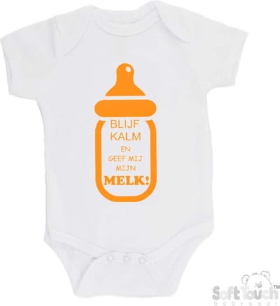 100% katoenen Romper "Blijf kalm en geef mij mijn MELK!" Unisex Katoen Wit/mosterd Maat 62/68