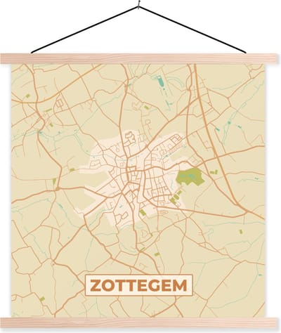 Posterhanger incl. Poster 40x40 cm - Schoolplaat - Kaart - Retro - Plattegrond - Zottegem - Stadskaart - Textielposter - Blanke latten - Stadskaart