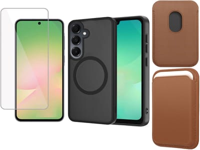 Hoesje + Pasjeshouder + Screenprotector geschikt voor Samsung Galaxy A17 5G / A26 Hoesje - Portemonnee Hoesje geschikt voor MagSafe - Magnetisch - Gehard Glas- Creditcardhouder - Bruin