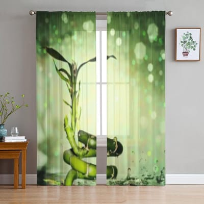 Waterdruppels Bamboe Groen Transparante Gordijnen voor Woonkamer Transparant Tule Raamgordijn Slaapkamer Keuken Decor Sluier Draperieën 135W x 114H(cm) beige