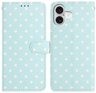 Hoesje Geschikt voor Apple iPhone 16 | Polka Dot Wallet Book Case | Portemonnee Hoesje | 3 Pasjes | Magneetsluiting | Stand Functie | Blauw