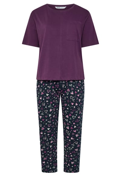 Yours Curve Pyjama Met Hart En Wijde Pijpen In Bordeauxrood Size 40-42