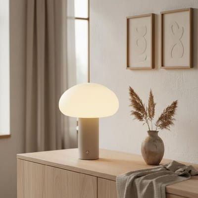 LUSENZ Givaro - Paddenstoel lamp oplaadbaar Beige 25 cm - Dressoir lamp - Scandinavisch design - Draadloze tafellamp - Dimbaar - Glazen kap - USB-C -