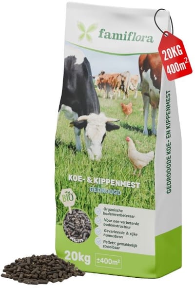 Famiflora Koemestkorrels + kippenmest 20kg voor 400m² - Gedroogde koemest + kippenmest pellets - koemestkorrels & kippenmestkorrels - Organische mestkorrels - Geschikt voor de hele tuin - Betere bodemstructuur