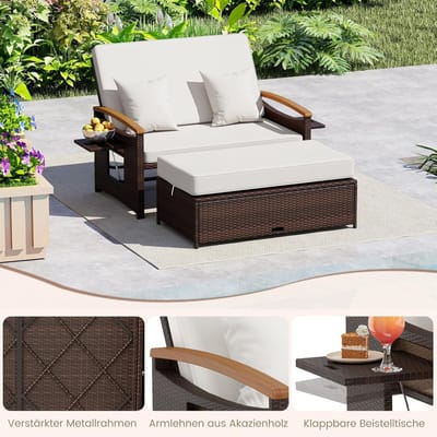 Zonnebed 2 persoons 164x166x54,5 cm met verstelbare rugleuning en zijtafels – Polyrotan ligbed met kussens en voetenbank, weerbestendig – Luxe tuin ligstoel wit – Bella