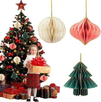 Kerstdecoratie Honeycomb Ballen van Papier voor het Versieren van de Kerstboom - Set van 3 Pompoms voor Feestelijke Gelegenheden