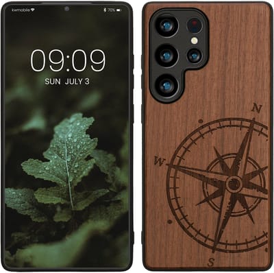 kwmobile telefoonhoesje geschikt voorSamsung Galaxy S25 Ultra - Hoesje met bumper - hout - In donkerbruin Vintage Kompas design