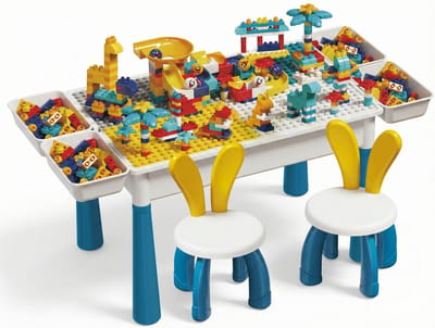 Multifunctionele Kinderspeeltafel met 2 Stoeltjes - Bouwtafel & Blokkentafel (Geschikt voor Duplo) - Inclusief 304 Blokken & Opbergbakken - Groen- 156 DIY-Blokken + 148 Schuifblokken - 2-in-1 Bouwtafel & Leertafel