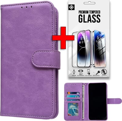 Casemania Hoesje Geschikt voor Samsung Galaxy A15 - Paars + Tempered Glazen Screenprotector - Luxe Portemonnee Book Case