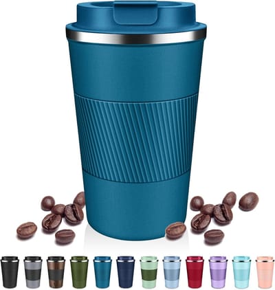 Geïsoleerde koffiemok met klapdeksel, 340 ml, lekvrije reismok van roestvrij staal, herbruikbare beker met vacuümisolatie, houdt koffie en thee warm of koud - blauw