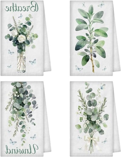 4 stuks saliegroene eucalyptusbladeren theedoeken, absorberende keukenhanddoeken voor koken en bakken, botanische decoratieve vaatdoeken voor huis en lente