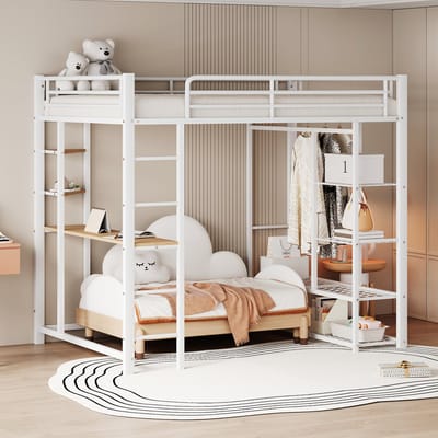 DESMIU Metalen Hoogslaper 140x200cm – Hoogslaper Met Bureau En Kledingkast – Slaap, Leren En Opbergen – Voor Jeugdkamer – Metaal – Wit – Zonder matras