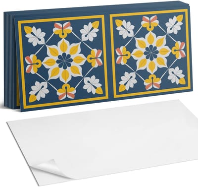 Coloray Plaktegels - Bloemmotief in symmetrie Zelfklevende Wandtegels - 40 cm x 20 cm - Geel Plaktegels - 10 stuks - Rechthoek PVC Tegels - Plaktegels Badkamer - Vloertegels Zelfklevend - Vinyltegels Vloer Zelfklevend - Portugese Tegels