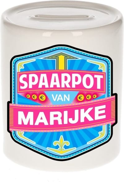 Bellatio Decorations Kinder spaarpot met naam - Marijke - keramiek - met dop - wit - Sparen - Spaargeld van Marijke