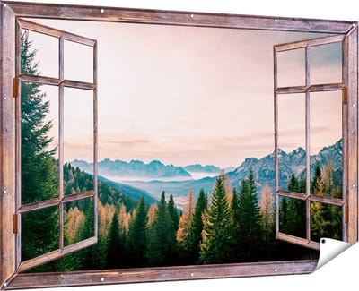 Gards Tuinposter Doorkijk Bos met Bomen bij Bergen Landschap - 180x120 cm - Tuindoek - Tuindecoratie - Wanddecoratie buiten - Tuinschilderij