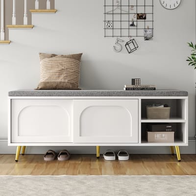 MODFU - Schoenenbank Met Opbergruimte En Zitkussen - Modern - Voor Hal Of Slaapkamer - Spaanplaat - Wit - 121 X 35 X 49 Cm