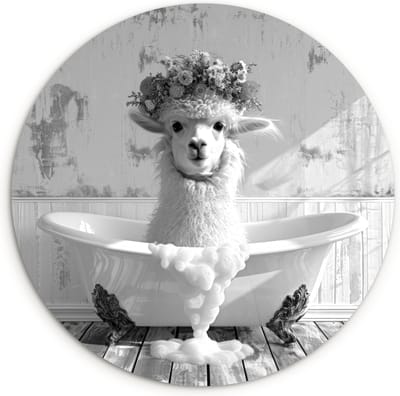 WallCircle® Wandcirkel 120x120 cm - Muurcirkel Alpaca - Bloemen - Dieren - Bad - Zwart Wit - Badkamer - Muurdecoratie cirkel woonkamer - Wanddecoratie slaapkamer - Kamer decoratie accessoires - Ronde schilderijen binnen - Muuraccessoires