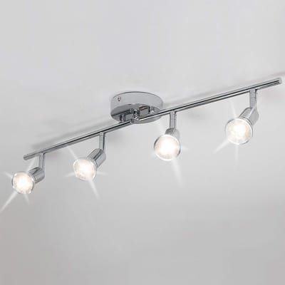 Oneay Moderne railverlichtingsset met 4 lampen, inbouwspots voor wand/plafond, LED-railverlichting met verchroomde draaibare lampkop voor keuken en woonkamer, 4 GU10-lampen (inbegrepen)