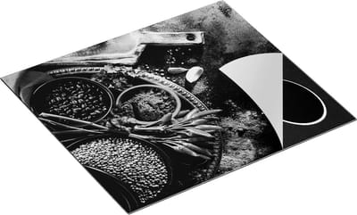 Chefcare Inductie Beschermer Schaal met Kruiden op Zwarte Marmer - Zwart Wit - 60x50 cm - Afdekplaat Inductie - Kookplaat Beschermer - Inductie Mat