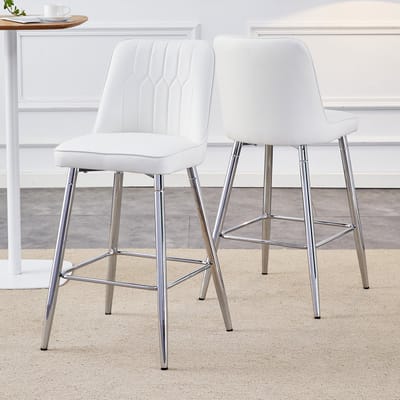 Set van 2 barkrukken, 100 cm hoog, wit PU-leer met zilverkleurig metalen frame en comfortabele voetensteun. Verkrijgbaar in diverse kleuren – de ideale keuze voor uw thuisbar.