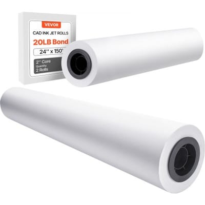 VEVOR Breedformaat papierrollen 609,6 mm (B) / 45,7 m (L), 2 rollen 20 lb Plotterpapierrollen ideaal voor CAD-tekeningen, technische plannen, GIS-kaarten, architectonische ontwerpen, plotterpapier