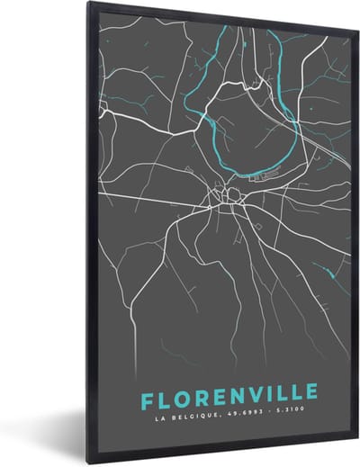 Fotolijst incl. Poster - België – Florenville – Stadskaart – Kaart – Blauw – Plattegrond - 40x60 cm - Posterlijst