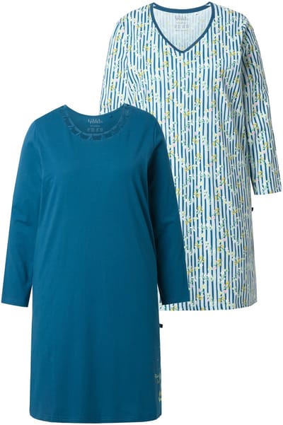 Ulla Popken - Dames - Bigshirts set van 2 ronde hals / hartvormige hals - Petrol - Maat 42+