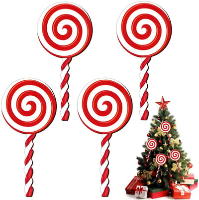 Dailygoods- Snoep Ornamenten 4 Stuks - Houten Snoepdecoraties - Kerstboom Decoratie - Rode/Witte Snoepjes - Geschikt voor Feestdagen - 12 Inch Grootte - Kerstdecoratie
