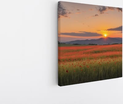 Saammp Canvas Schilderij - Rood bloemenveld met bergachtig landschap - Natuur - 20x20 - Foto op canvas - Wanddecoratie - Muurdecoratie Woonkamer - Slaapkamer decoratie - Canvas Print
