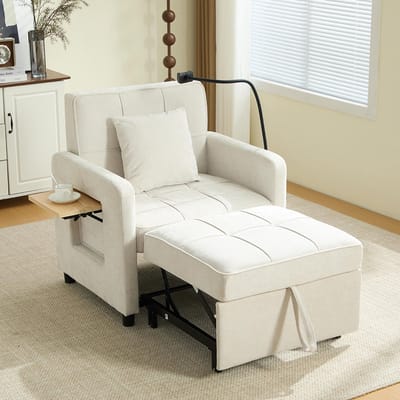 BLACKCOLORS Twee-in-één slaapfauteuil, eenpersoons slaapbank, chenille fauteuil (met kussens en zijvakken), met een tafeltje aan de ene kant en een opbergtas aan de andere kant, compleet