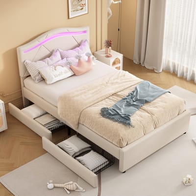 MEUNIQ normaal bed 90x200 cm met lattenbodem, LED-verlichting, 2 lades en verstelbaar hoofdeinde, eenpersoons bed voor slaapkamer, beige stof